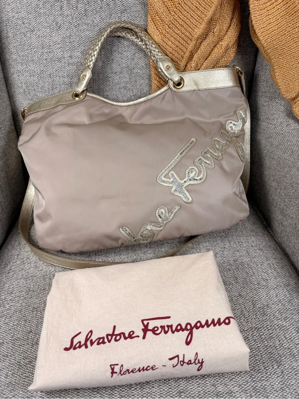 Salvatore Ferragamo Beige Nylon Shoulder Bag with Metallic Gold Trim